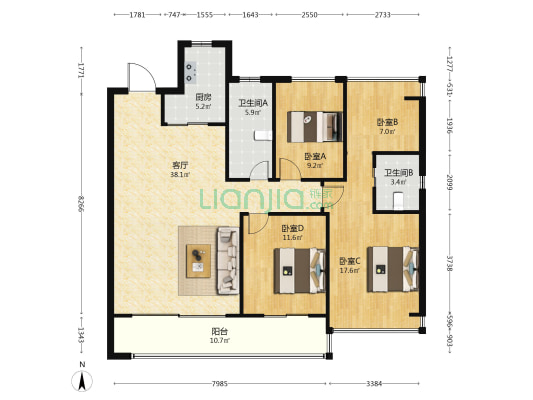 七里湖山花园 4室1厅2卫 130平方