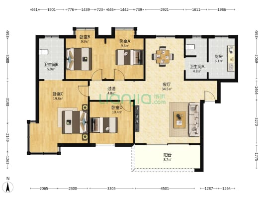 移动科技小区 4室1厅2卫 132平方