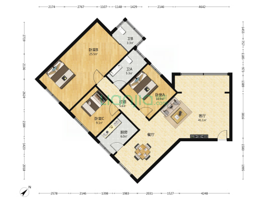 东洲花园 3室1厅2卫 143平方