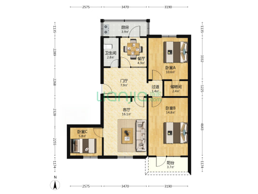 韩森寨25街坊 3室2厅1卫 85平方