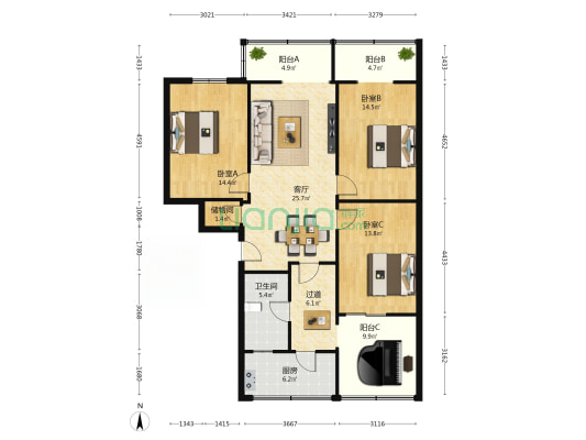 玉双路110号 3室1厅1卫 114平方