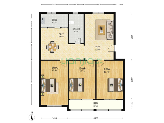 江海西路22号 3室2厅1卫 131平方