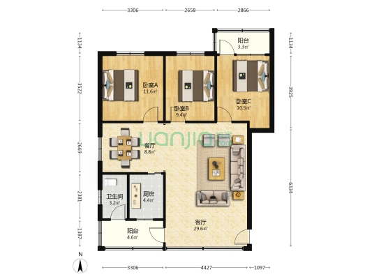 海南铸管厂 3室2厅1卫 96平方