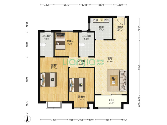 锦祥悦府 3室1厅2卫 125平方