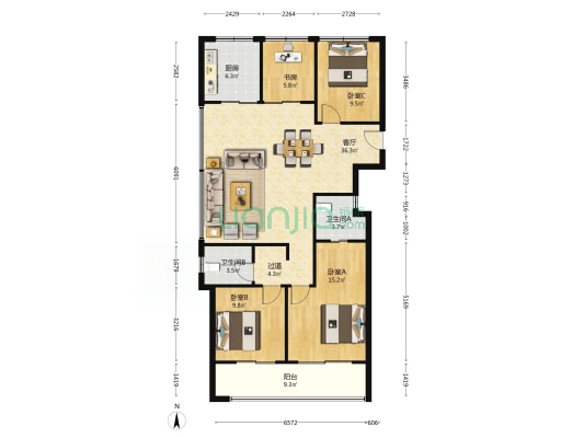 绿城江畔锦园 4室1厅2卫 128平方
