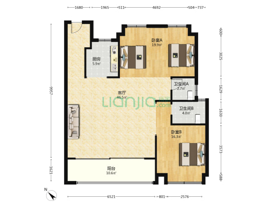 中建壹品汉芯公馆 2室1厅2卫 136平方