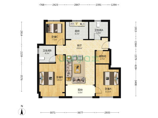 中海凌云源境 3室1厅2卫 107平方