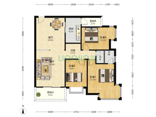 怡景东苑 3室2厅2卫 119平方