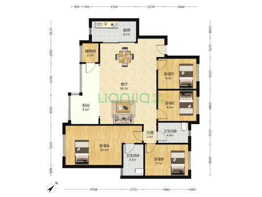 龙湖香港置地瑰雲里 4室1厅2卫 126平方