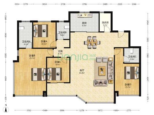 长沙瑞府一期 4室1厅3卫 191平方