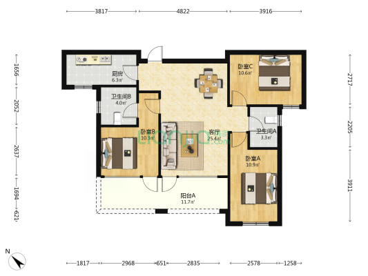 中铁诺德壹号望湖轩 3室1厅2卫 106平方