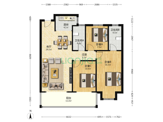 锦绣兰庭 3室1厅2卫 120平方