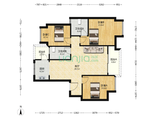蓝光未来城 3室1厅2卫 99平方