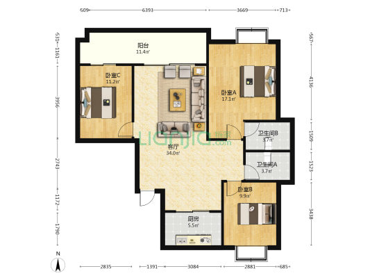 三禾园•东宸 3室1厅2卫 126平方