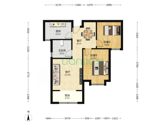 华融府 2室2厅1卫 90平方