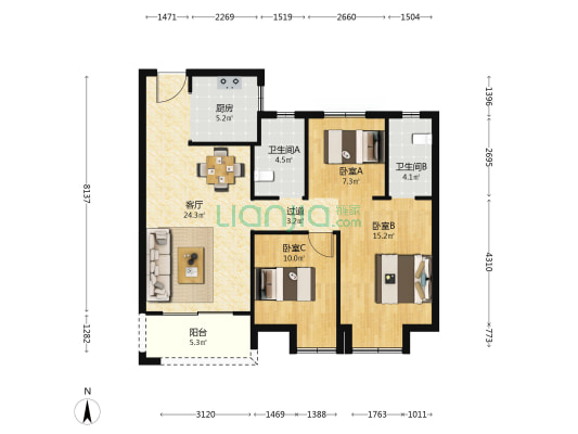 中建铂公馆k1 3室1厅2卫 115平方