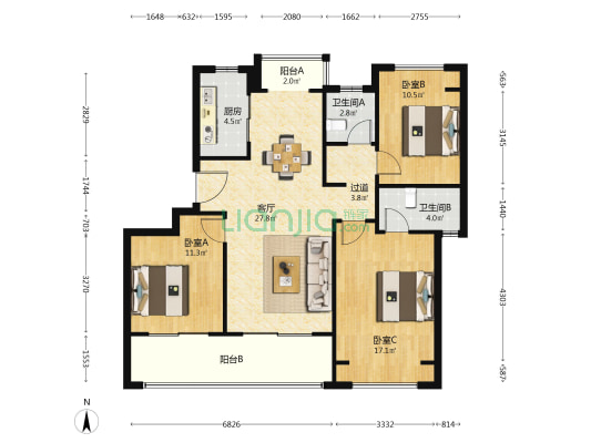 清风和景雅苑 3室1厅2卫 109平方