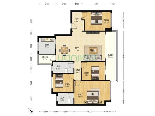 国贸臻原 4室1厅2卫 135平方