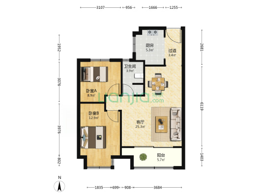 凯旋名筑 2室1厅1卫 93平方