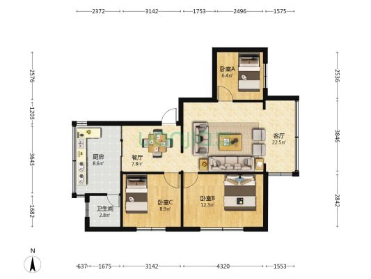圆通小区 3室2厅1卫 67平方