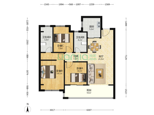 湖东未来 3室1厅2卫 106平方