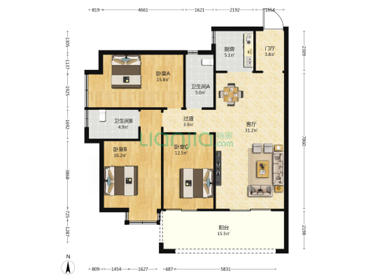 椰海家园一期 3室1厅2卫 137平方