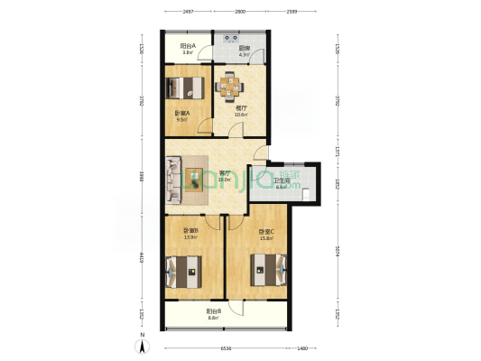 创业公司宿舍 3室2厅1卫 113平方