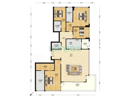 鹏瑞三龙湾1号 4室1厅4卫 240平方
