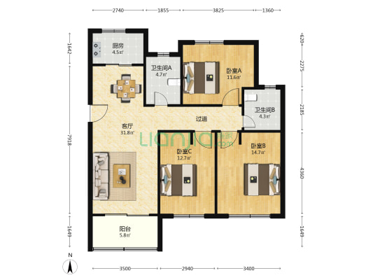 东方春锦花园 3室1厅2卫 129平方