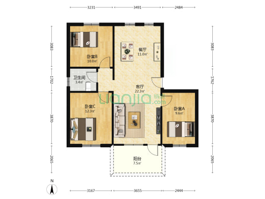 余荫花园 3室2厅1卫 87平方