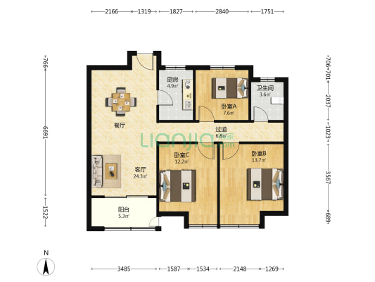聚贤新村 3室1厅1卫 104平方