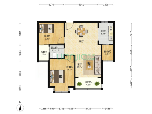 星海湾 2室1厅1卫 91平方