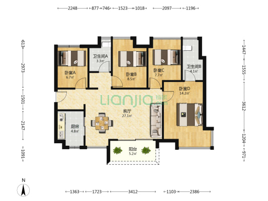 保利珑悦 4室1厅2卫 96平方