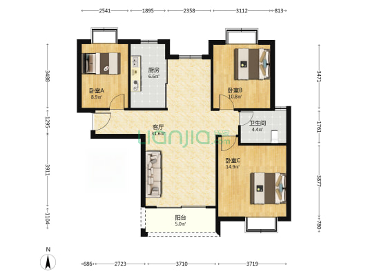 石湖东岸澜庭（一区） 3室1厅1卫 121平方