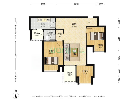 北辰悦来壹号知山 3室1厅1卫 86平方