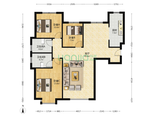精装修 西户H户型 2明卫 满五 高楼层拎包入住-户型图