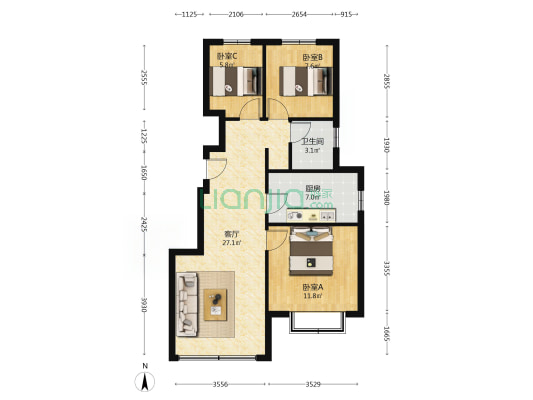 华远海蓝城 3室1厅 南 北-户型图