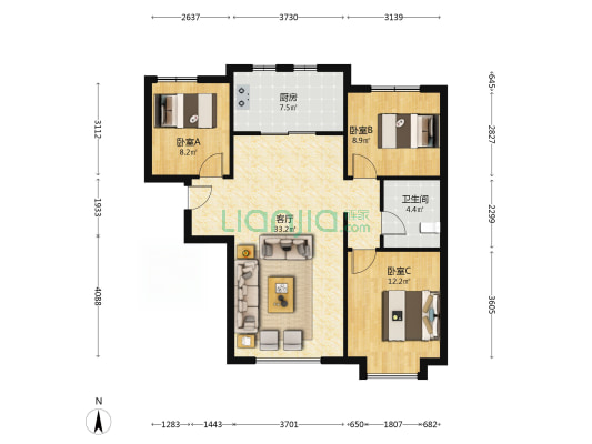 鸿坤理想湾北区 3室1厅 南 北-户型图