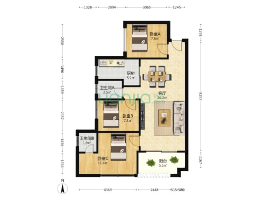 顺祥花园 3室1厅2卫 74平方