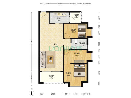 芳信轩 3室1厅1卫 92平方