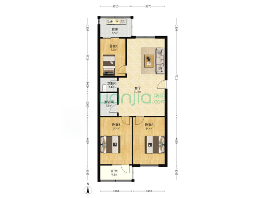 物资路5号院 3室1厅2卫 101平方