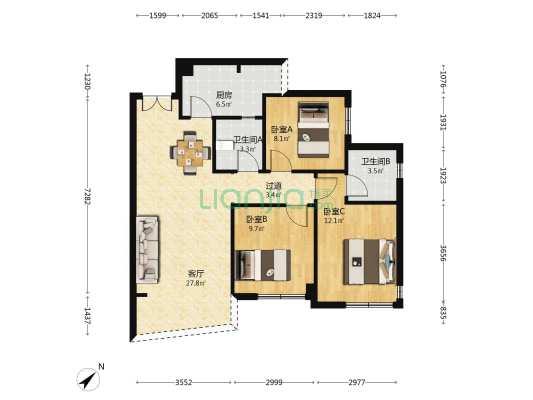 天府云城A区 3室1厅2卫 85平方
