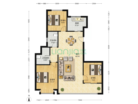 联发嘉和府 3室1厅2卫 136平方