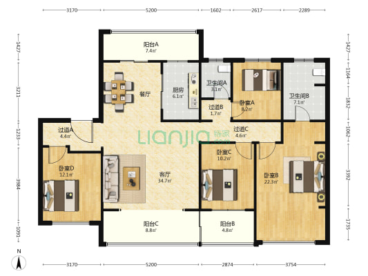龙语海棠一号院 4室1厅2卫 158平方