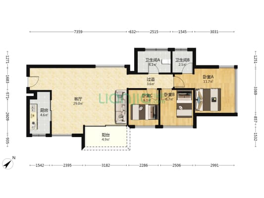 鸿荣源珈誉府 3室1厅2卫 85平方