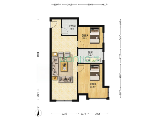 鹏渤印象城牛津花园 2室1厅 东南-户型图