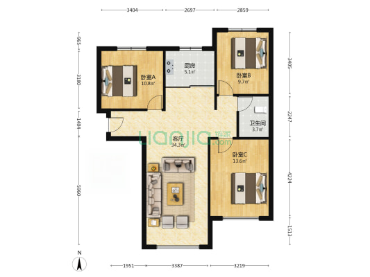 K2狮子城南区 3室2厅 南 北-户型图