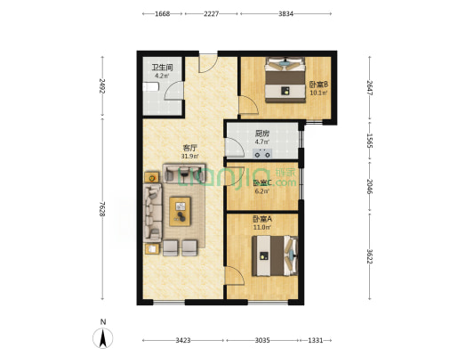 70年产权，南向小三居，中高楼层，采光无遮挡-户型图