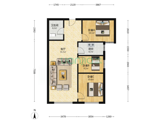 鸿坤理想湾北区 3室2厅 南-户型图