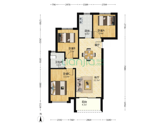 东悦城3号院 3室1厅1卫 87平方